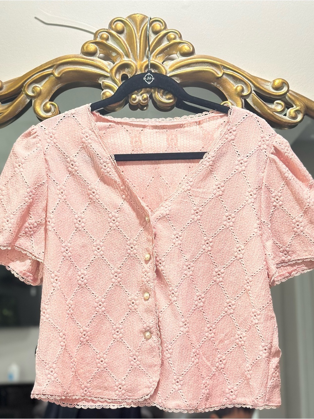 SHEIN Light Pink Diamond Eyelet Button Blouse Top